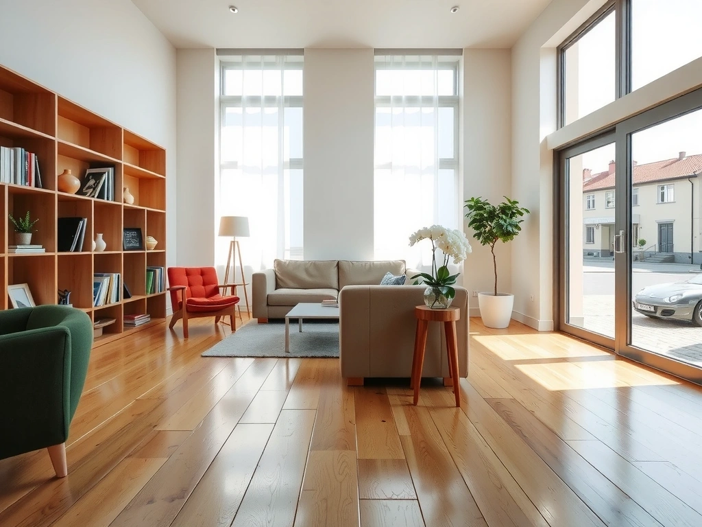 Uklizený obývací pokoj v pražském bytě s přirozeným světlem