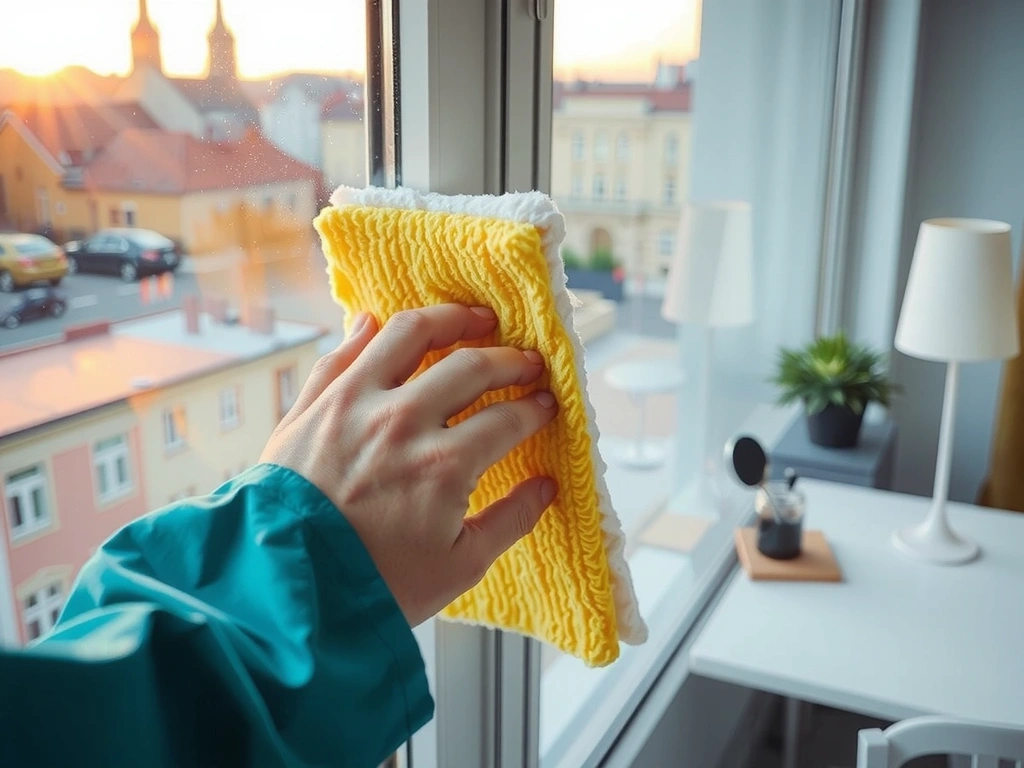 Ruka v rukavici při úklidu okna v Praze